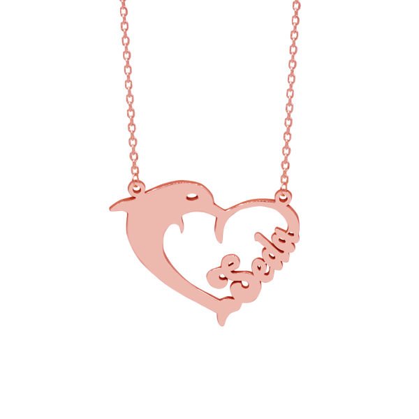 Gümüş Kalpli Yunus Balık Tasarımlı İsimli Kolye