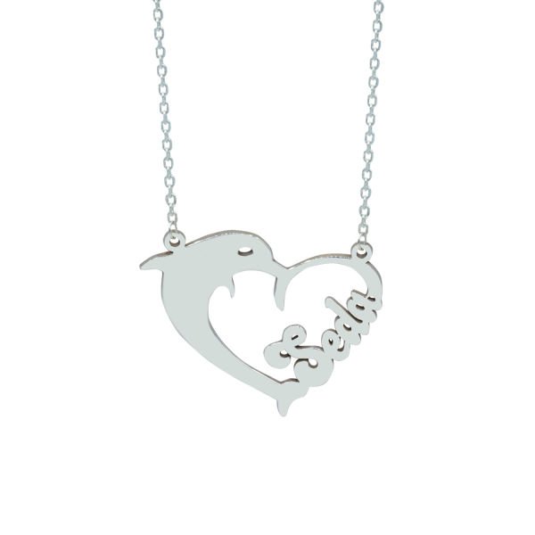 Gümüş Kalpli Yunus Balık Tasarımlı İsimli Kolye