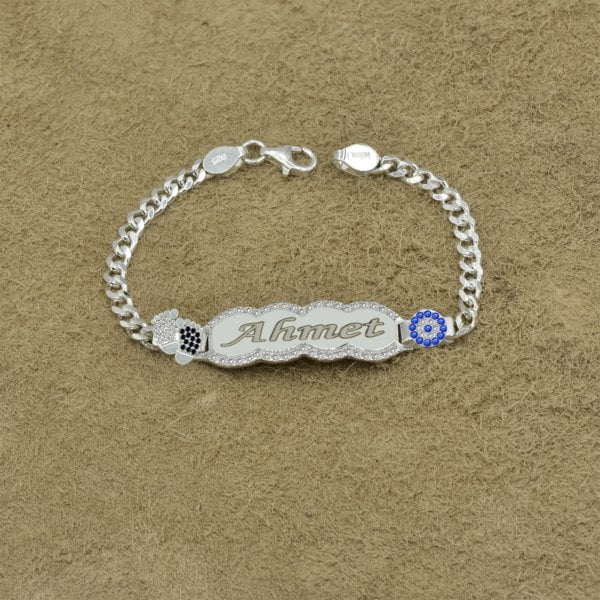 Gümüş Siyah Beyaz Patikli İsimli Çocuk Künyesi