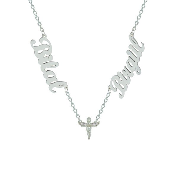 Gümüş Melek Kanatlı 2 İsimli Aile Kolyesi