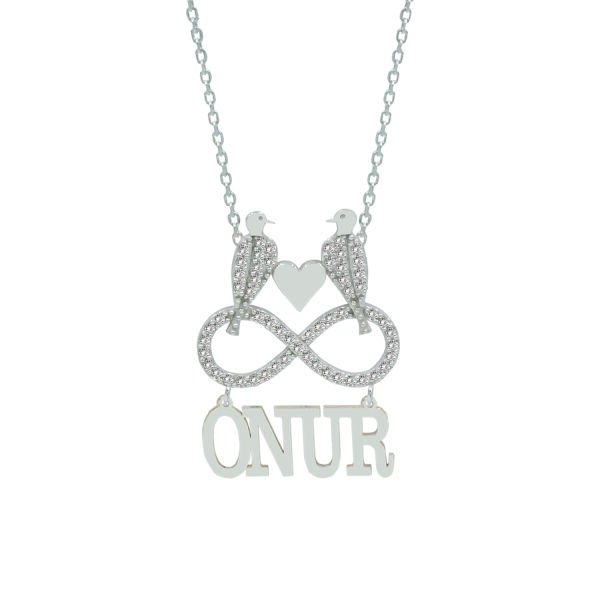 Gümüş Taşlı Kuş Sonsuzluk Tasarım Altı İsimli Kolye