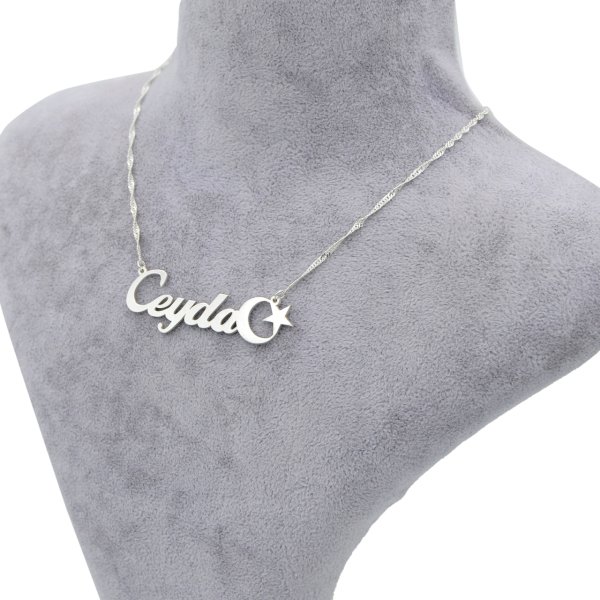 Gümüş Özel Tasarım Ay Yıldızlı İsimli Kolye