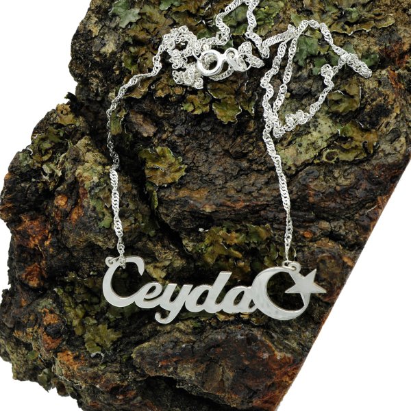 Gümüş Özel Tasarım Ay Yıldızlı İsimli Kolye