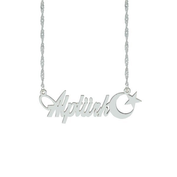 Gümüş Özel Tasarım Ay Yıldızlı İsimli Kolye