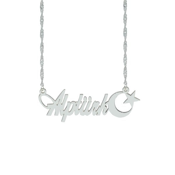 Gümüş Özel Tasarım Ay Yıldızlı İsimli Kolye