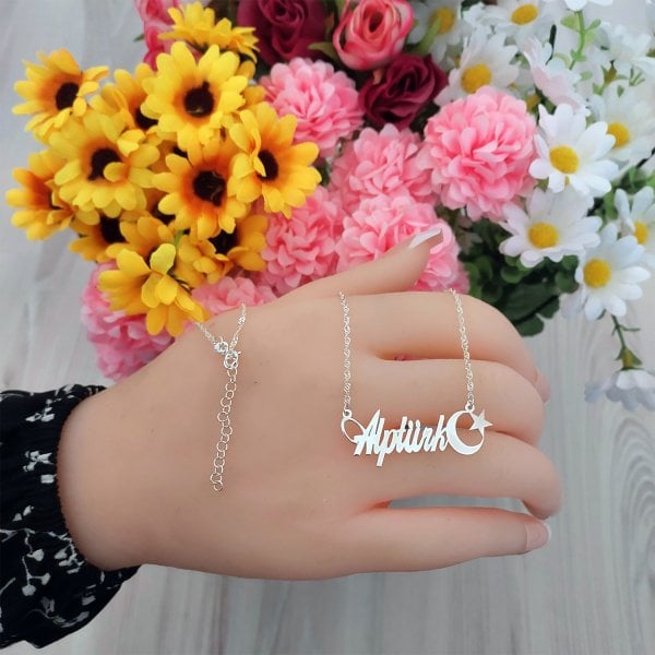 Gümüş Özel Tasarım Ay Yıldızlı İsimli Kolye