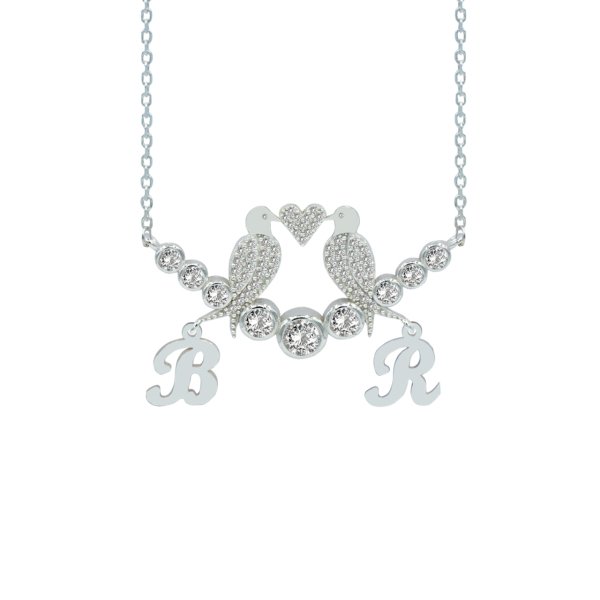 Gümüş Taşlı Kuş Tasarımlı Altı Harfli Kolye