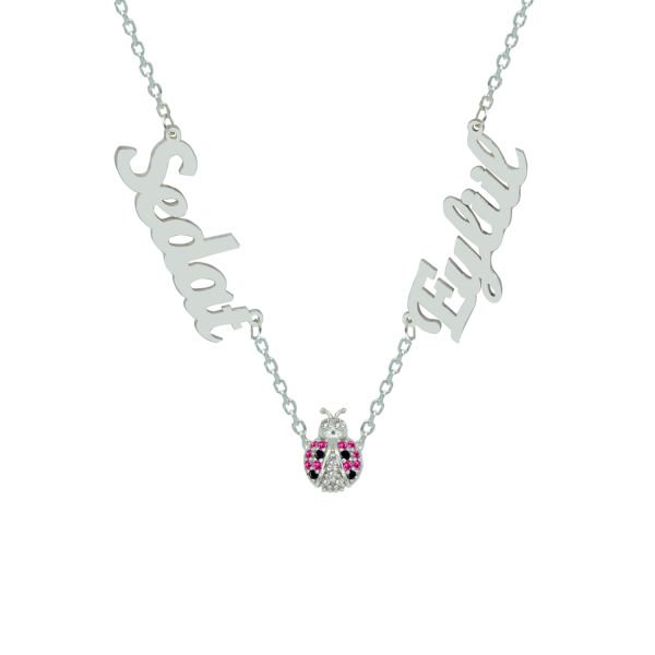 Gümüş Uğur Böcekli 2 İsimli Aile Kolyesi