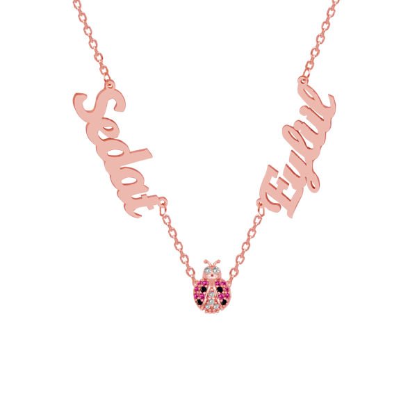 Gümüş Uğur Böcekli 2 İsimli Aile Kolyesi