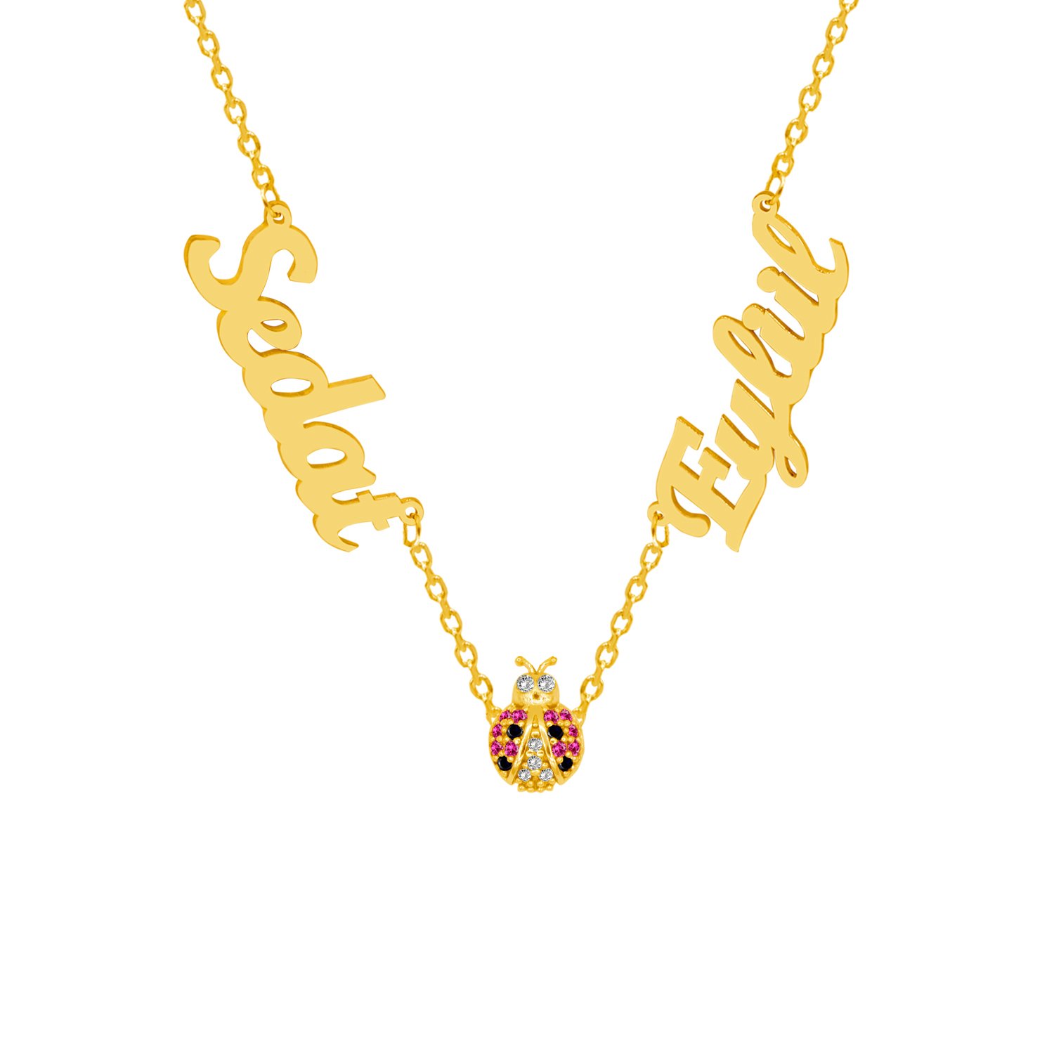 Gümüş Uğur Böcekli 2 İsimli Aile Kolyesi