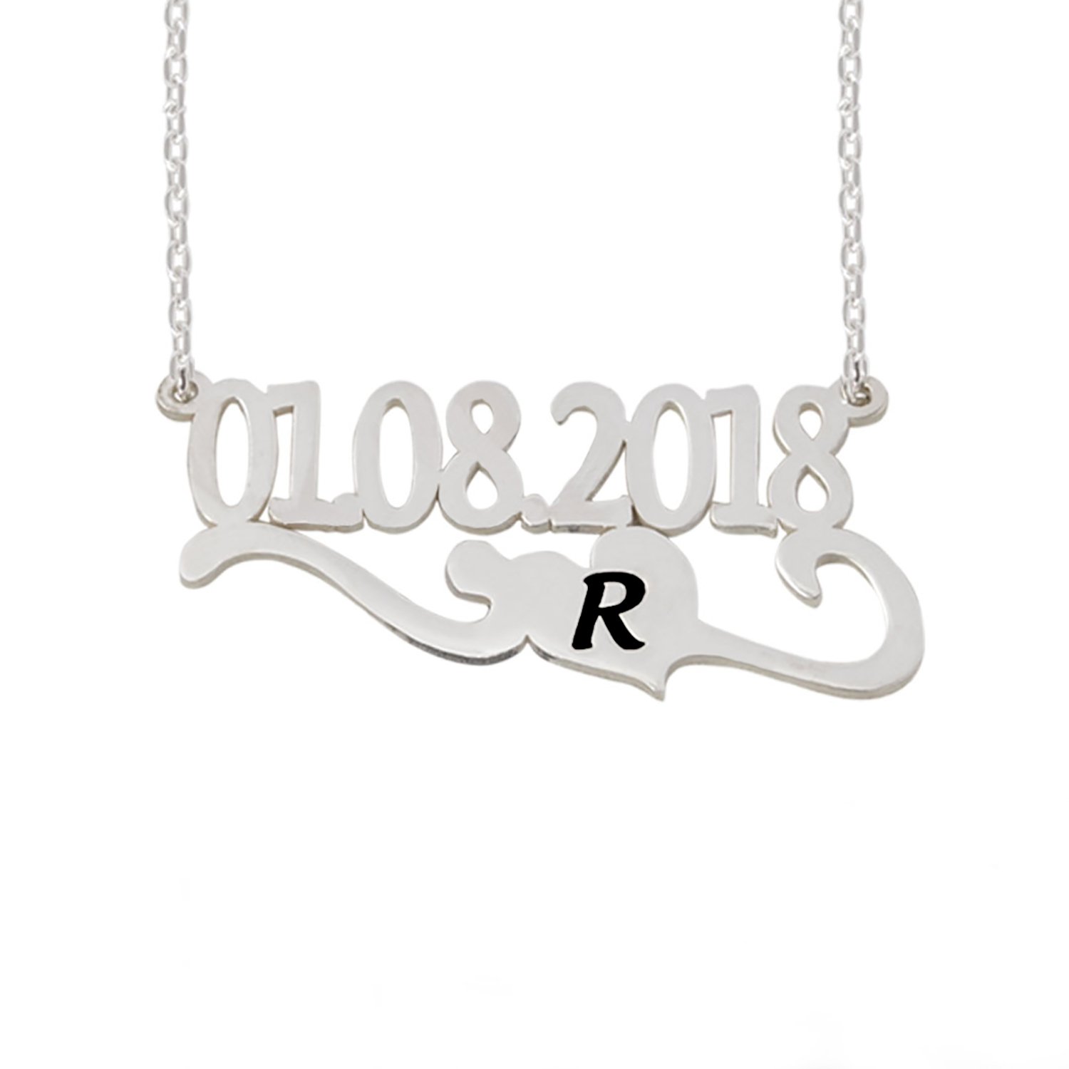 Gümüş Altı Kalp Desenli Yıl Dönümü Tarihli Kolye