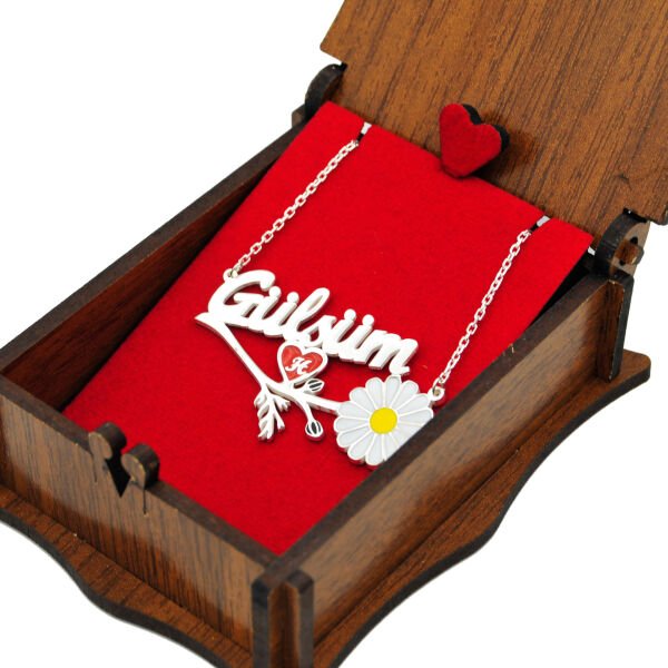 Gümüş Kalpli Tasarım İsimli Papatya Kolye