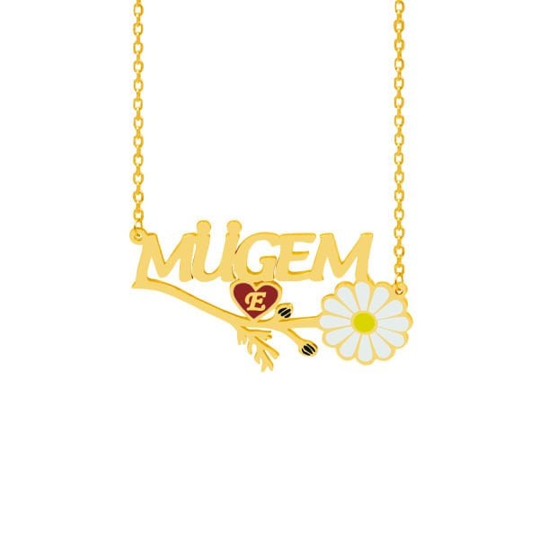 Gümüş Kalpli Tasarım İsimli Papatya Kolye