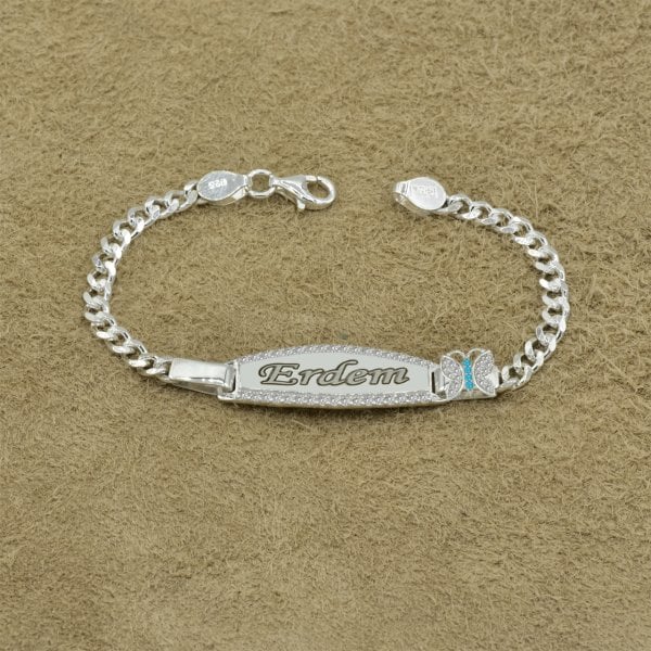 Gümüş Plaka Kelebekli İsimli Bebek Künyesi