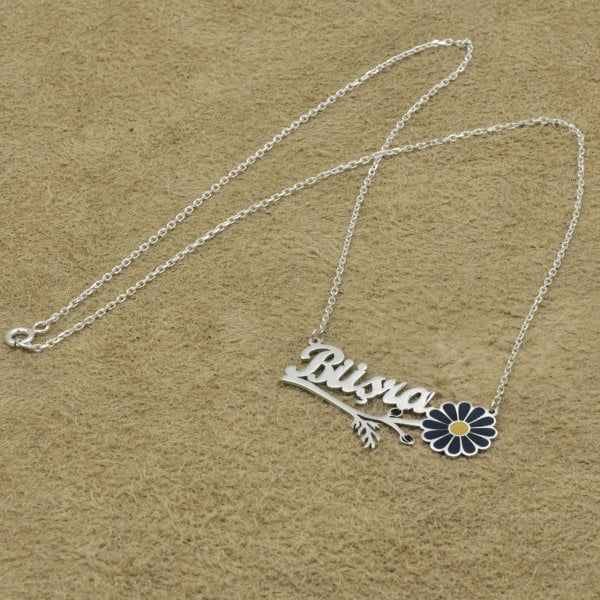 Gümüş Sarı Lacivert Mineli Papatya İsimli Kolye