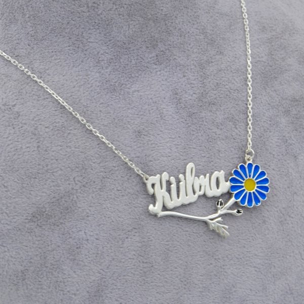 Gümüş Sarı Lacivert Mineli Papatya İsimli Kolye