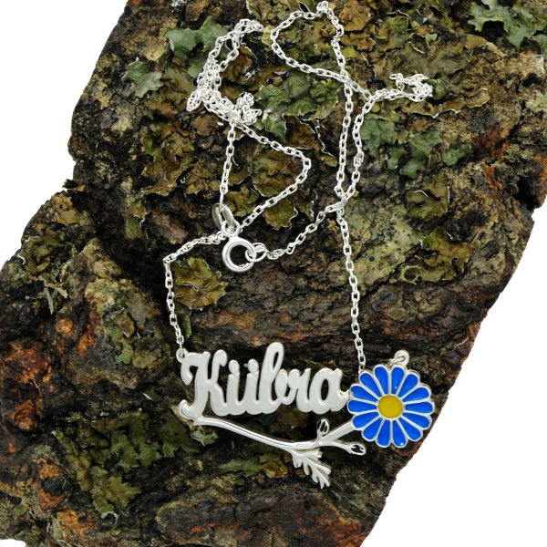 Gümüş Sarı Lacivert Mineli Papatya İsimli Kolye