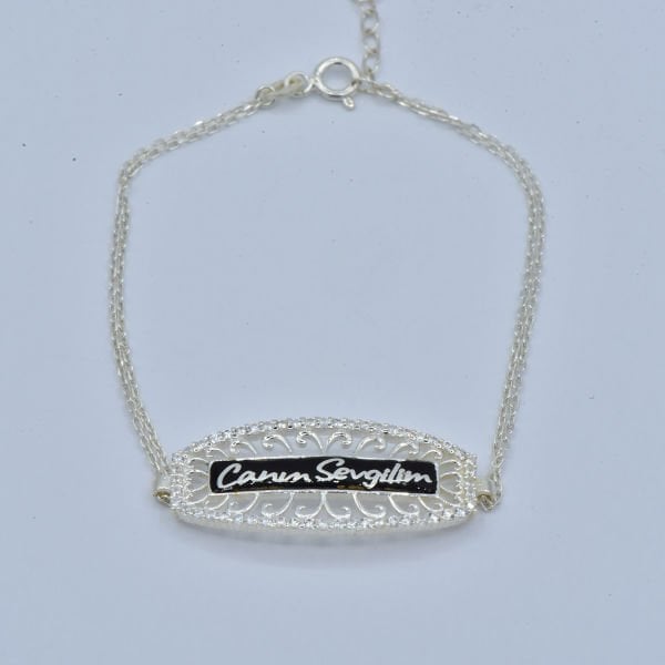 Gümüş Taşlı Plaka Mineli İsimli Bayan Bileklik