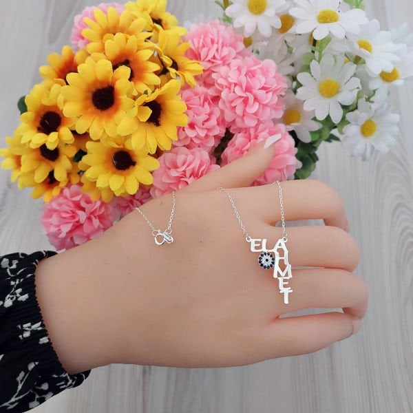 Gümüş Nazar Boncuklu İki isimli Kolye