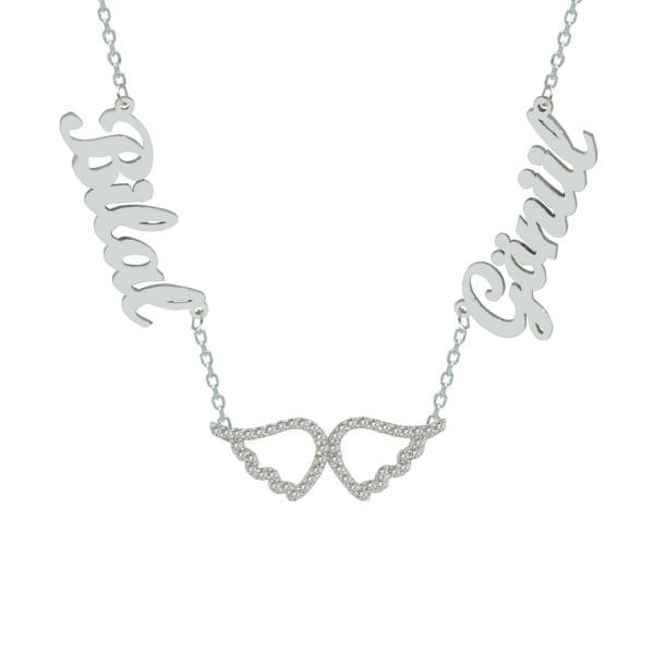 Gümüş Taşlı Kanatlı 2 İsimli Aile Kolyesi