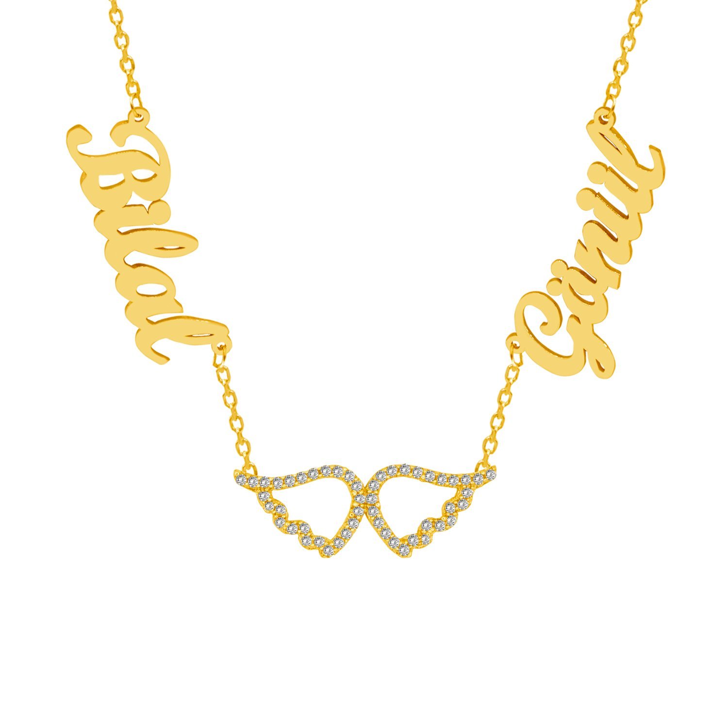 Gümüş Taşlı Kanatlı 2 İsimli Aile Kolyesi