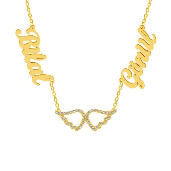 Gümüş Taşlı Kanatlı 2 İsimli Aile Kolyesi