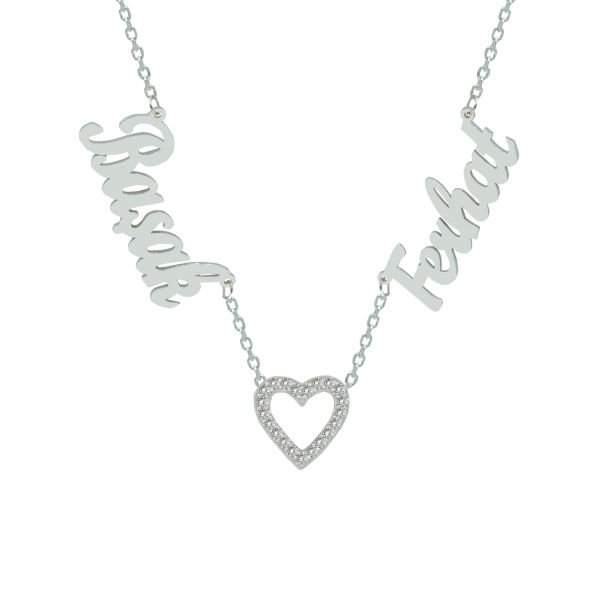 Gümüş Taşlı Kalpli 2 İsimli Aile Kolyesi