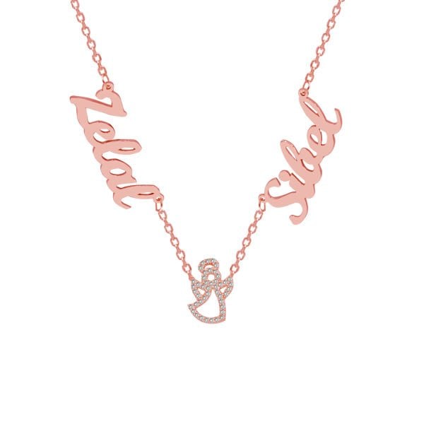 Gümüş Melek Figürlü İki İsimli Kolye