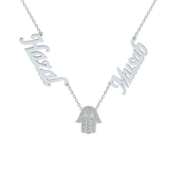 Gümüş Taşlı El Figürlü 2 İsimli Aile Kolyesi