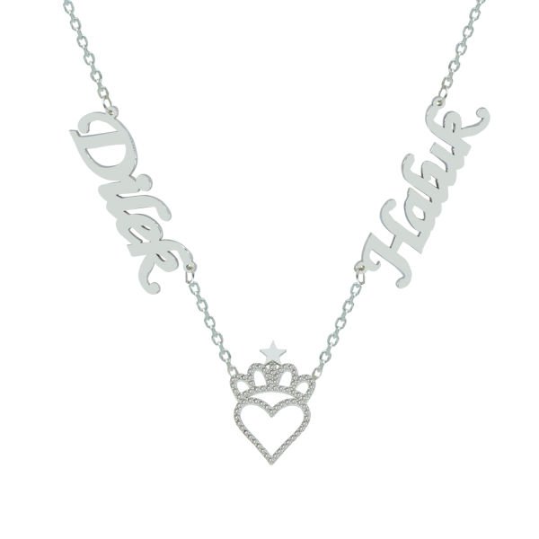 Gümüş Taçlı Kalpli 2 İsimli Aile Kolyesi