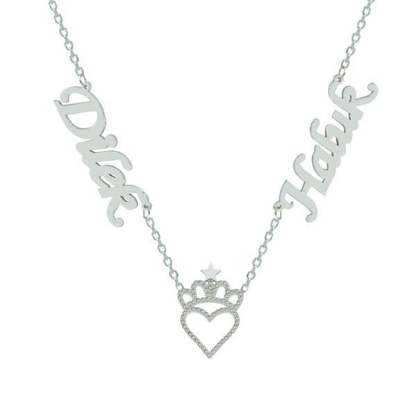 Gümüş Taçlı Kalpli 2 İsimli Aile Kolyesi