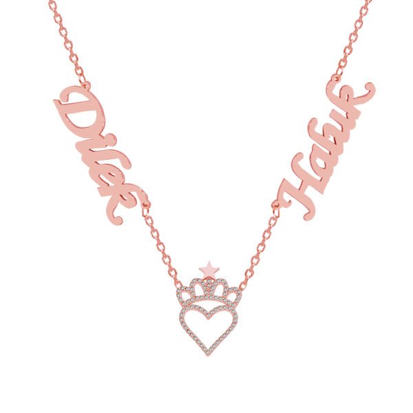 Gümüş Taçlı Kalpli 2 İsimli Aile Kolyesi