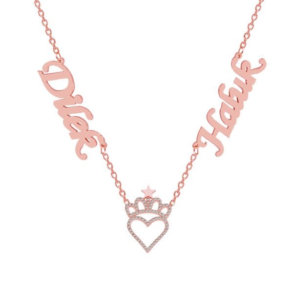 Gümüş Taçlı Kalpli 2 İsimli Aile Kolyesi