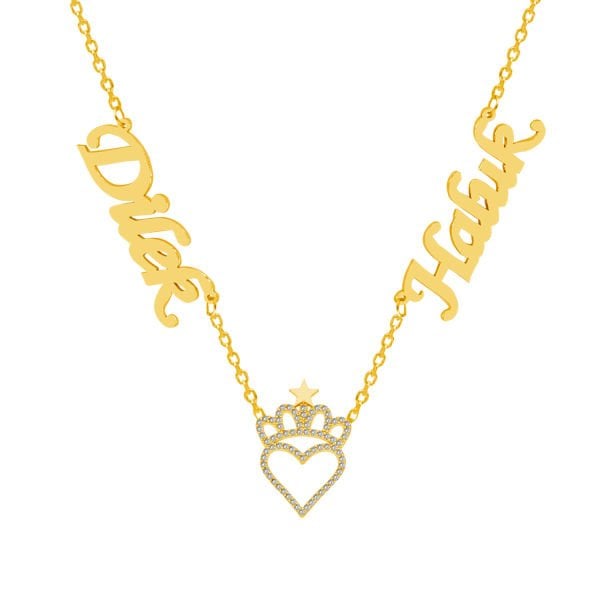 Gümüş Taçlı Kalpli 2 İsimli Aile Kolyesi