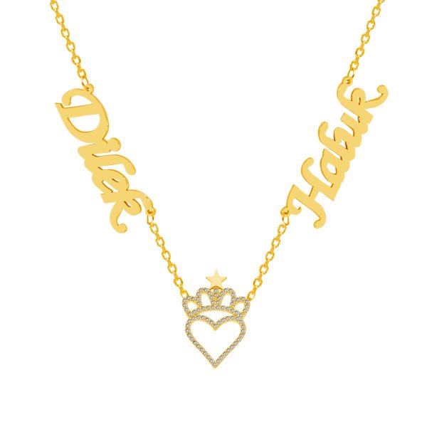 Gümüş Taçlı Kalpli 2 İsimli Aile Kolyesi