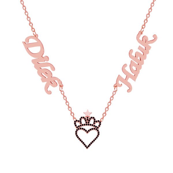 Gümüş Siyah Taş Kalpli Taçlı 2 İsimli Kolye