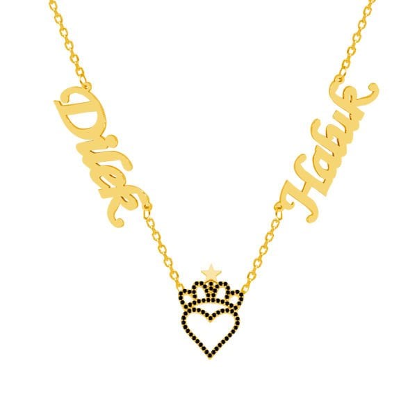 Gümüş Siyah Taş Kalpli Taçlı 2 İsimli Kolye