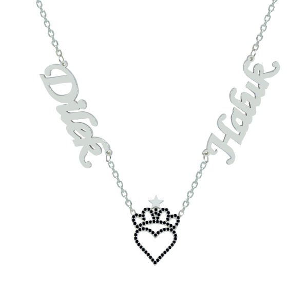 Gümüş Siyah Taş Kalpli Taçlı 2 İsimli Kolye