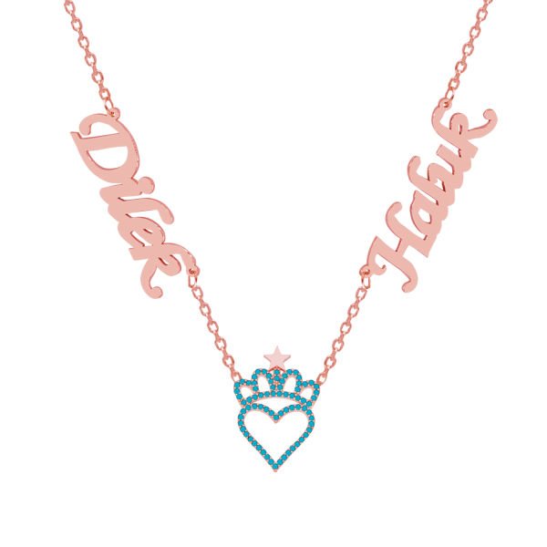 Gümüş Turkuaz Renk Kalpli Taçlı 2 İsimli Kolye