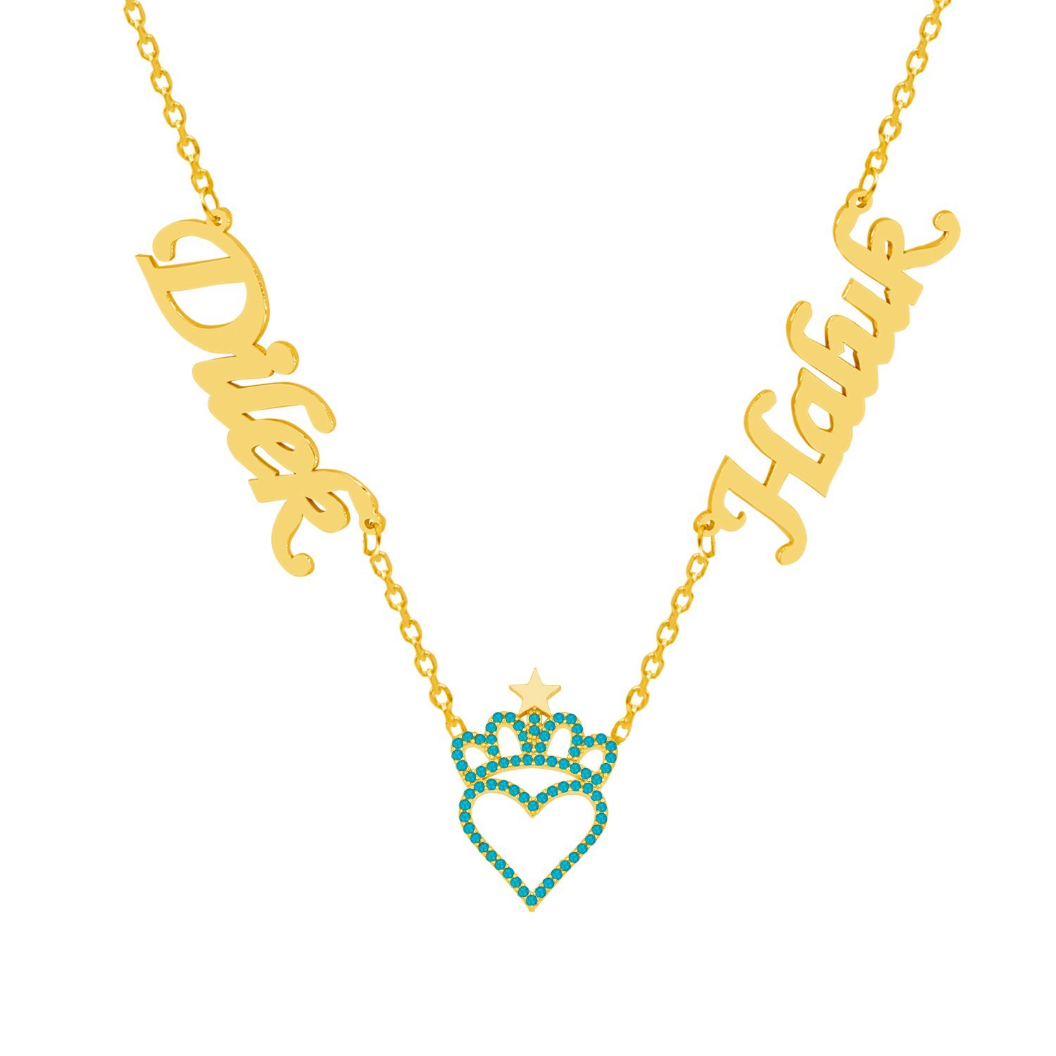 Gümüş Turkuaz Renk Kalpli Taçlı 2 İsimli Kolye