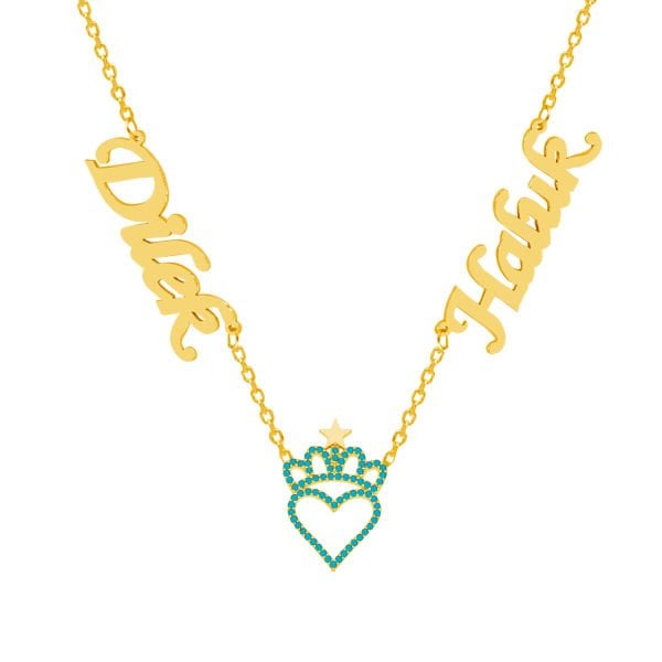 Gümüş Turkuaz Renk Kalpli Taçlı 2 İsimli Kolye