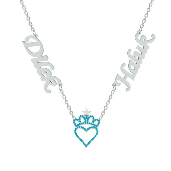 Gümüş Turkuaz Renk Kalpli Taçlı 2 İsimli Kolye