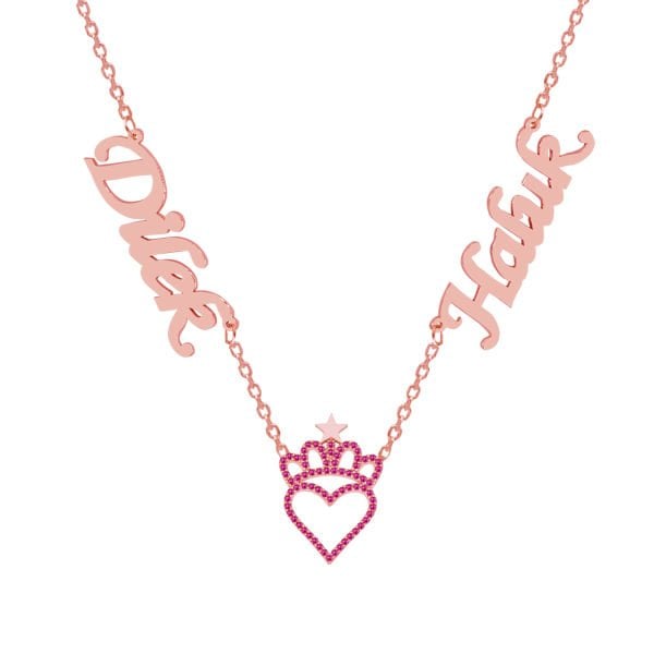 Gümüş Rubi Taş Kalpli Taçlı 2 İsimli Kolye