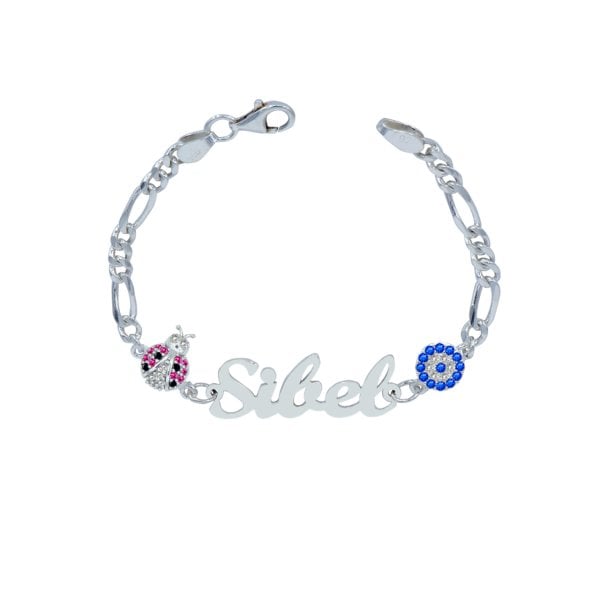 Gümüş Uğur Böcekli İsimli Bebek Bileklik