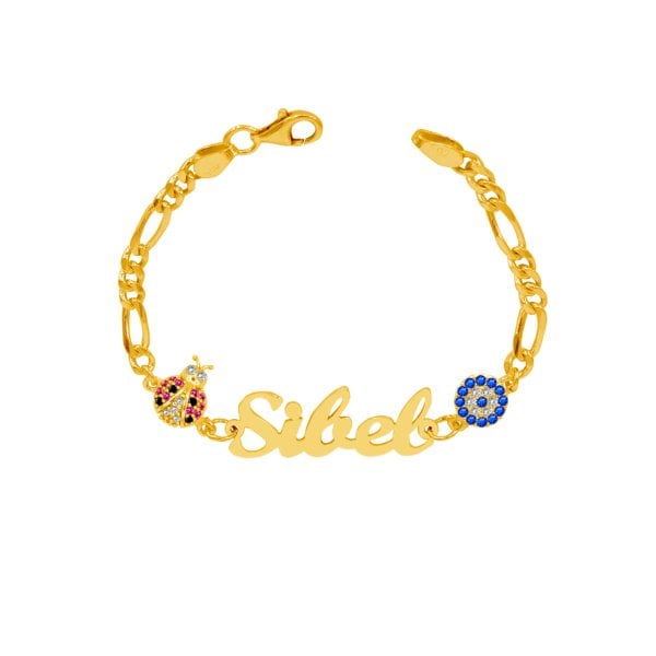 Gümüş Uğur Böcekli İsimli Bebek Bileklik