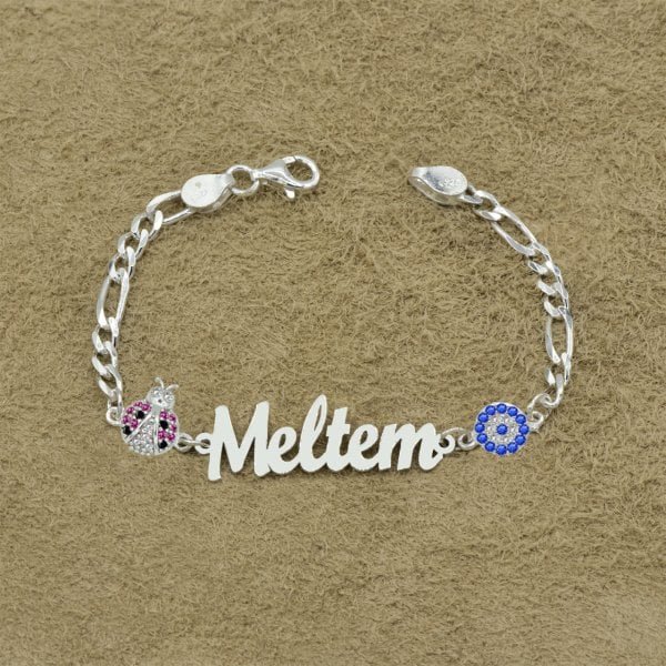 Gümüş Uğur Böcekli İsimli Bebek Bileklik