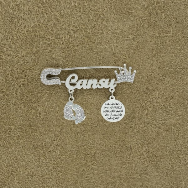 Gümüş Nazar Dualı Patikli Taçlı İsimli Çatal İğne