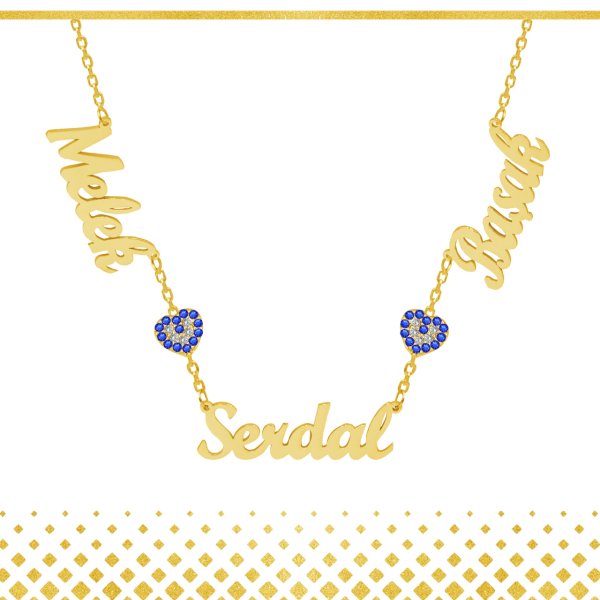 Gümüş Kalp Nazarlıklı 3 İsimli Aile Kolyesi