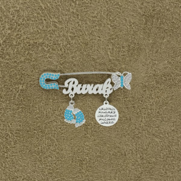 Gümüş Nazar Dualı Kelebekli Çocuk İsimli İğnelik