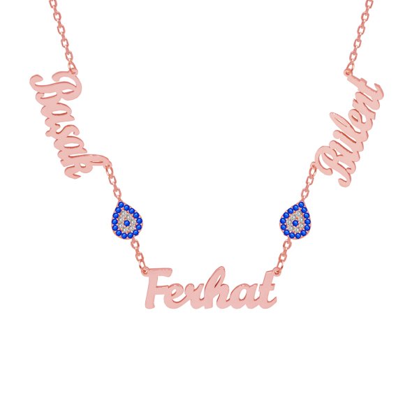 Gümüş Damla Nazarlıklı Üç İsimli Aile Kolyesi